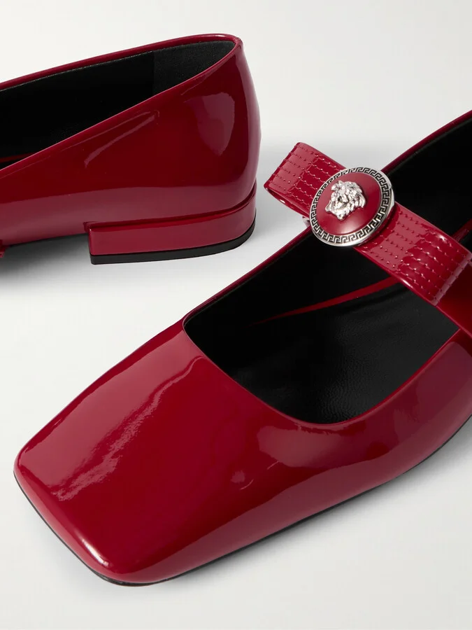 Versace - Gianni Ribbon Embellished Patent-leather Mary Jane Ballet Flats - Red - Image 4