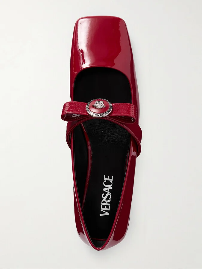 Versace - Gianni Ribbon Embellished Patent-leather Mary Jane Ballet Flats - Red - Image 5