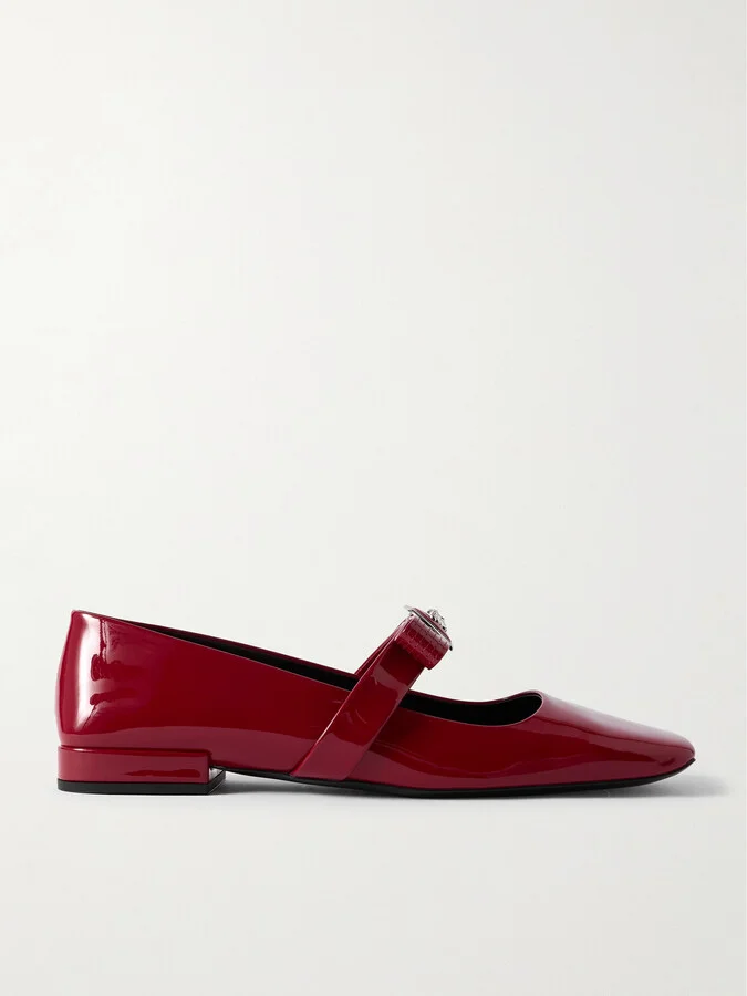 Versace - Gianni Ribbon Embellished Patent-leather Mary Jane Ballet Flats - Red