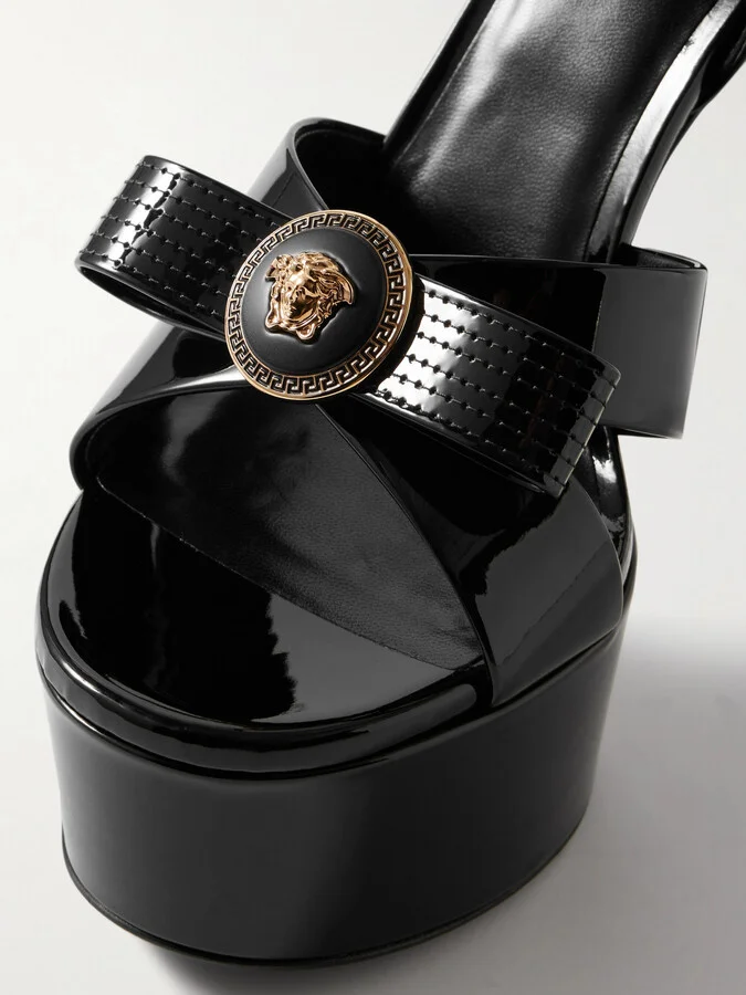 Versace - Gianni Ribbon Embellished Patent-leather Platform Sandals - Black - Image 4