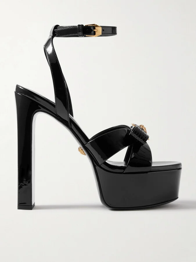 Versace - Gianni Ribbon Embellished Patent-leather Platform Sandals - Black