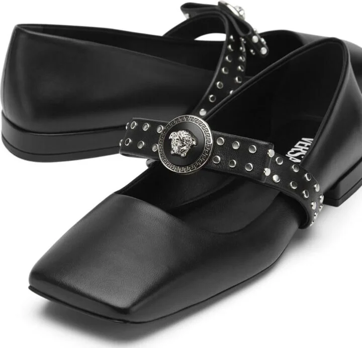 Versace Gianni Ribbon Leather Ballerina Flats With Studded Bow - Image 4
