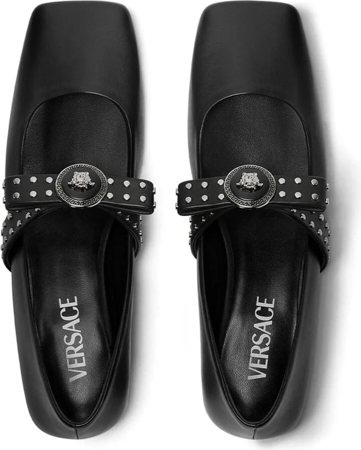 Versace Gianni Ribbon Leather Ballerina Flats With Studded Bow - Image 5