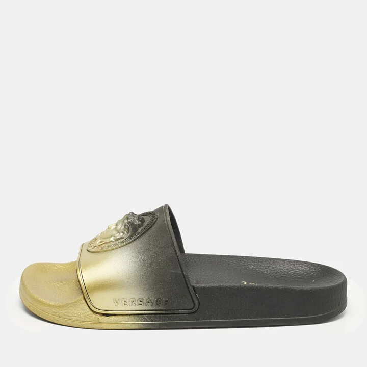 Versace Gold/Black Rubber Medusa Flat Pool Slide Sandals Size 37