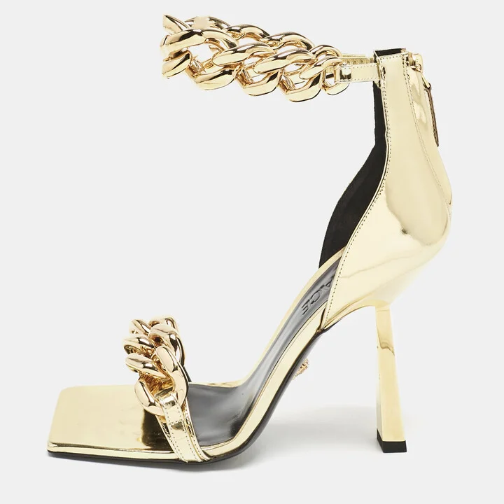 Versace Gold Leather Medusa Chain Ankle Strap Sandals Size 36