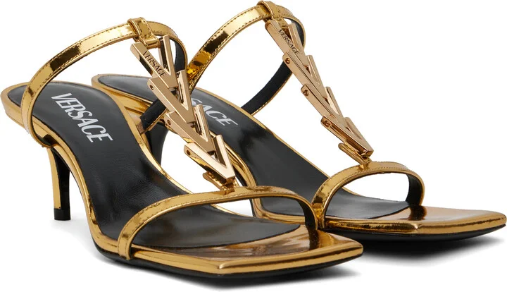 Versace Gold Patent Heeled Sandals - Image 4