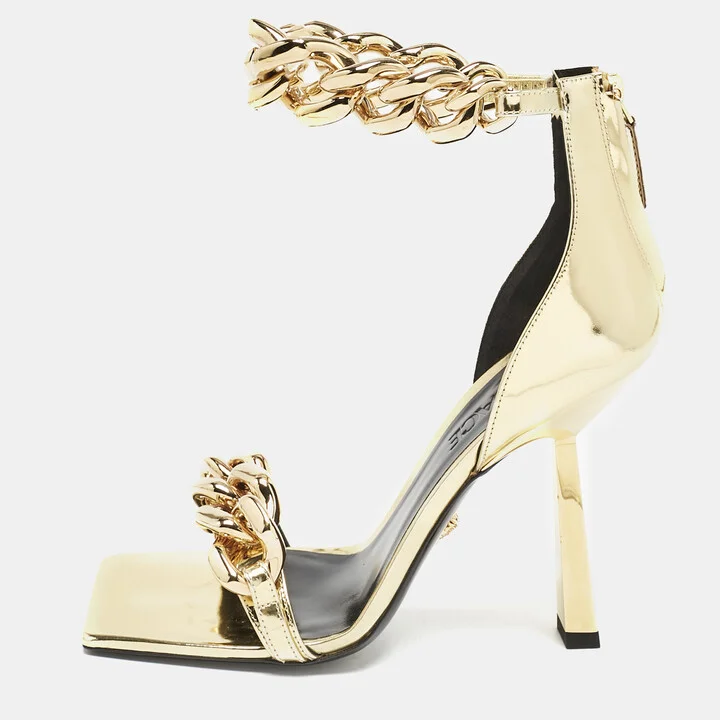 Versace Gold Patent Leather Medusa Chain Ankle Strap Sandals Size 35