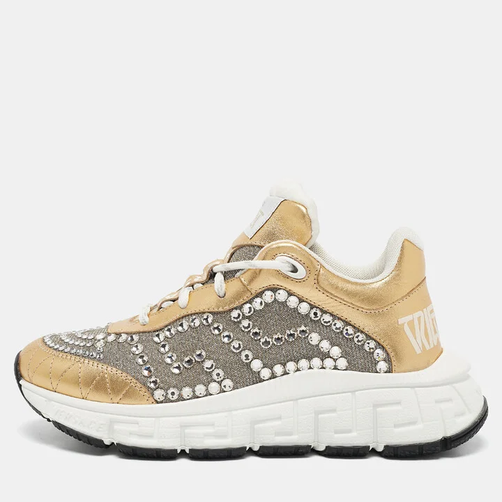 Versace Gold/Silver Leather and Lurex Fabric Trigreca Sneakers Size 36