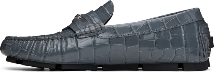 Versace Gray Medusa Croc-Effect Driver Loafers - Image 3