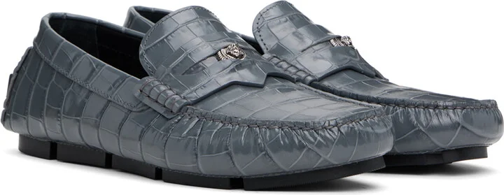 Versace Gray Medusa Croc-Effect Driver Loafers - Image 4