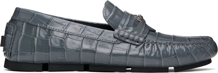 Versace Gray Medusa Croc-Effect Driver Loafers