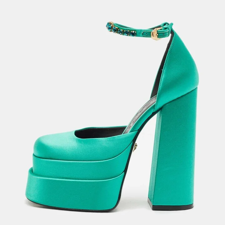 Versace Green Satin Aevitas Crystal Embellished Ankle Strap Platform Pumps Size 37