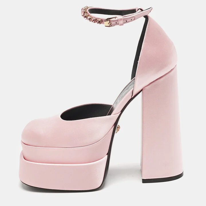 Versace Light Pink Satin Crystal Aevitas Platform Pumps Size 40