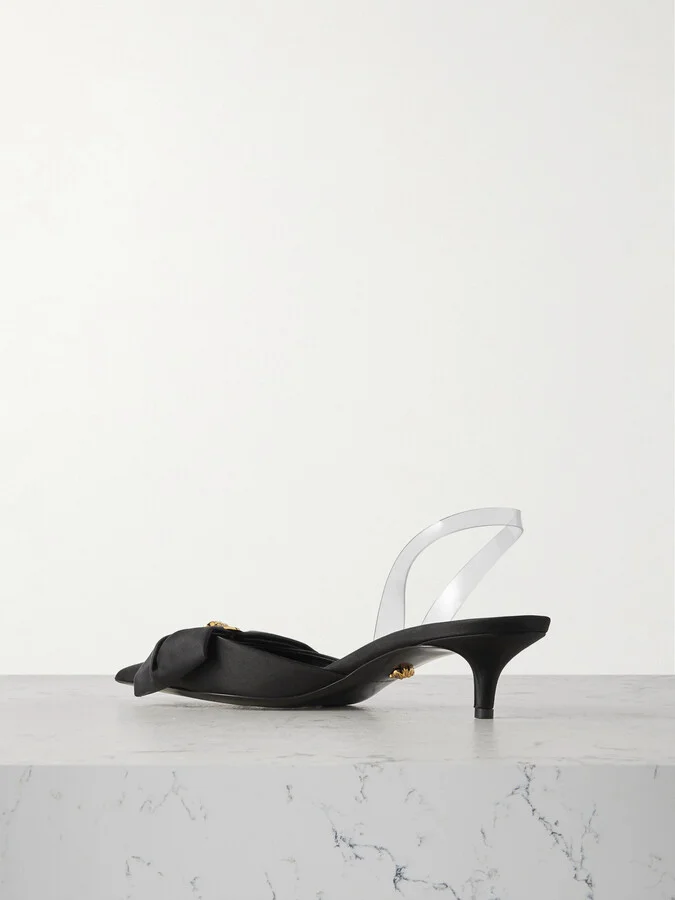 Versace - Medusa Bow Embellished Rubber-trimmed Satin Slingback Pumps - Black - Image 3