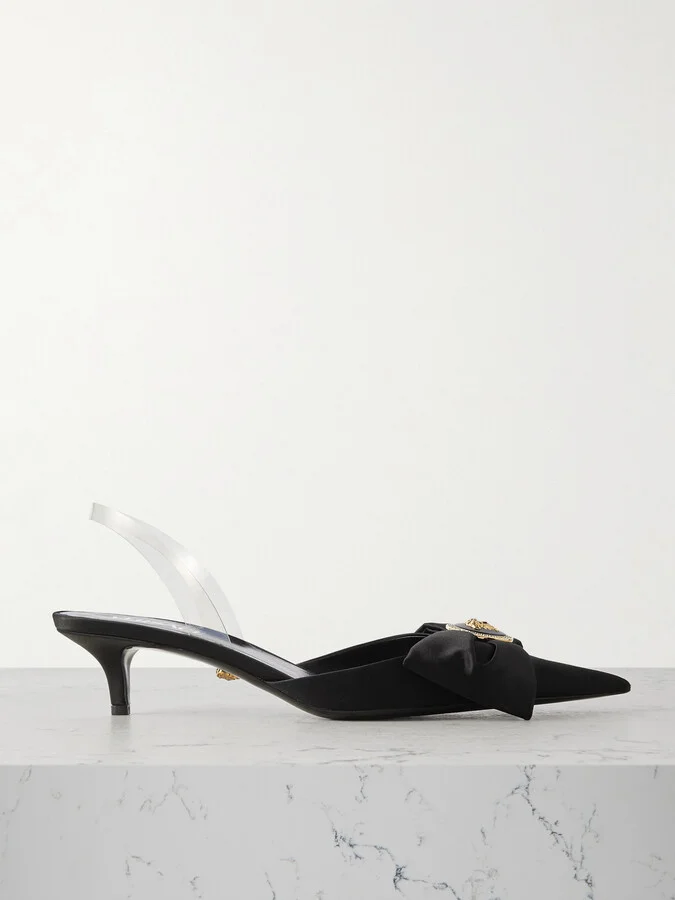 Versace - Medusa Bow Embellished Rubber-trimmed Satin Slingback Pumps - Black