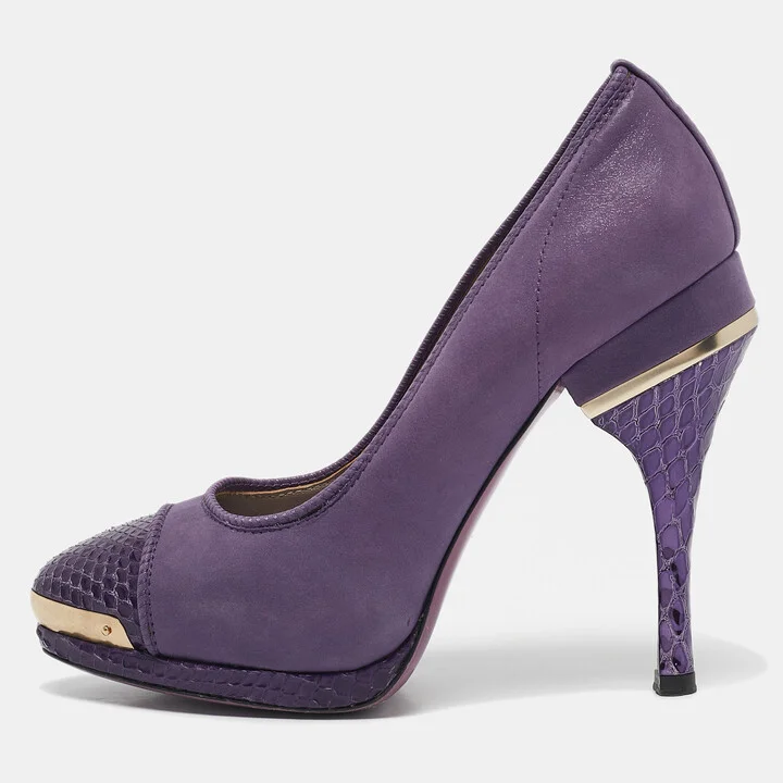 Versace Metallic Purple Python and Suede Platform Pumps Size 37