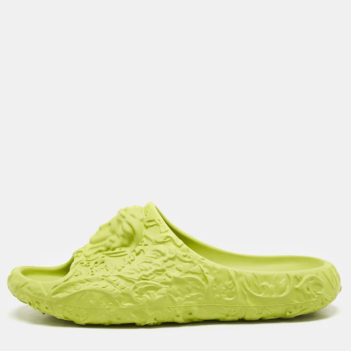 Versace Neon Green Baroque Medusa Embossed Rubber Pool Slide Sandals Size 40