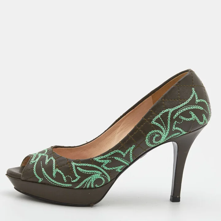 Versace Olive Brown Embroidered Leather Peep Toe Platform Pumps Size 36