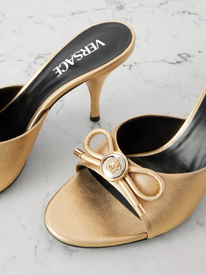 Versace - Opera Embellished Metallic Textured-leather Mules - Gold - Image 4