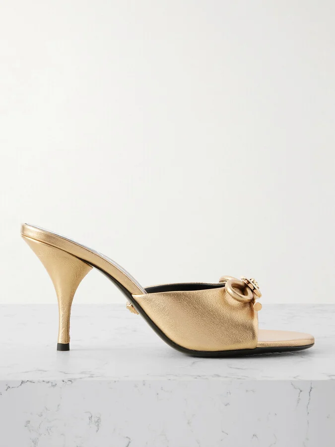 Versace - Opera Embellished Metallic Textured-leather Mules - Gold