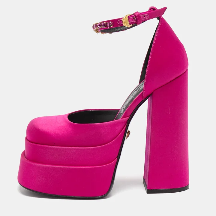Versace Pink Satin Medusa Aevitas Double Platform Pumps Size 36