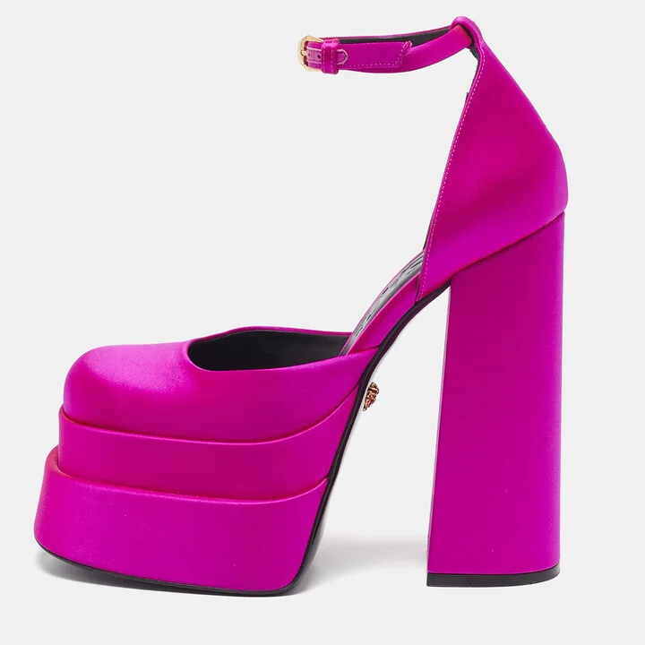 Versace Pink Satin Medusa Aevitas Platform Ankle Strap Pumps Size 37.5