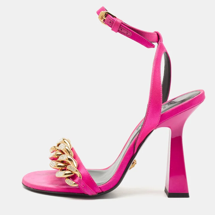 Versace Pink Satin Medusa Chain Ankle Strap Sandals Size 37
