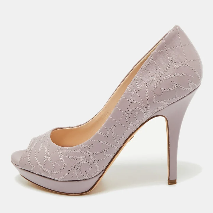 Versace Purple Embroidered Leather Peep Toe Platform Pumps Size 38