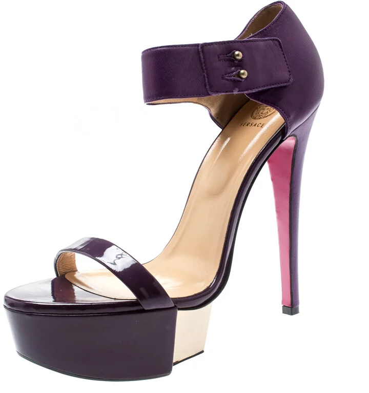 Versace Purple Patent Leather And Leather Ankle Strap Platform Sandals Size 40