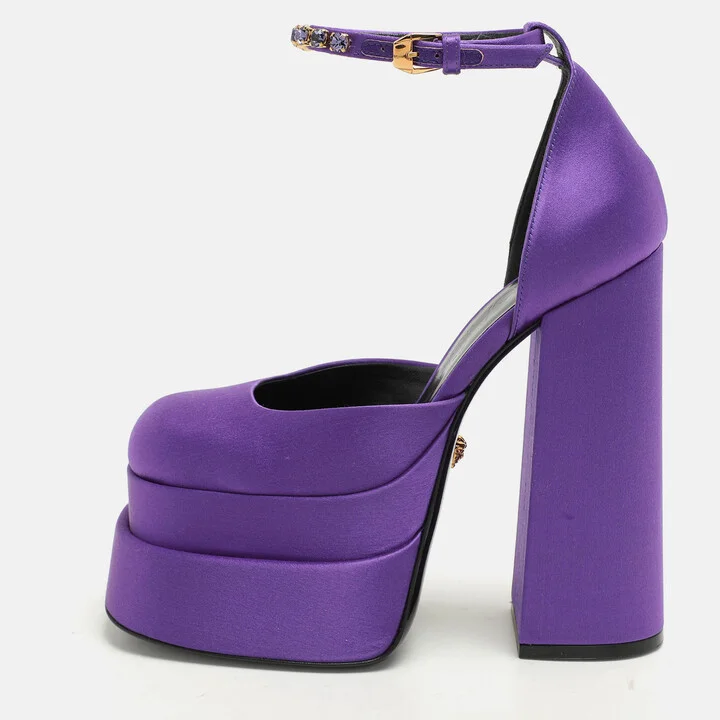 Versace Purple Satin Medusa Aevitas Double Platform Pumps Size 36