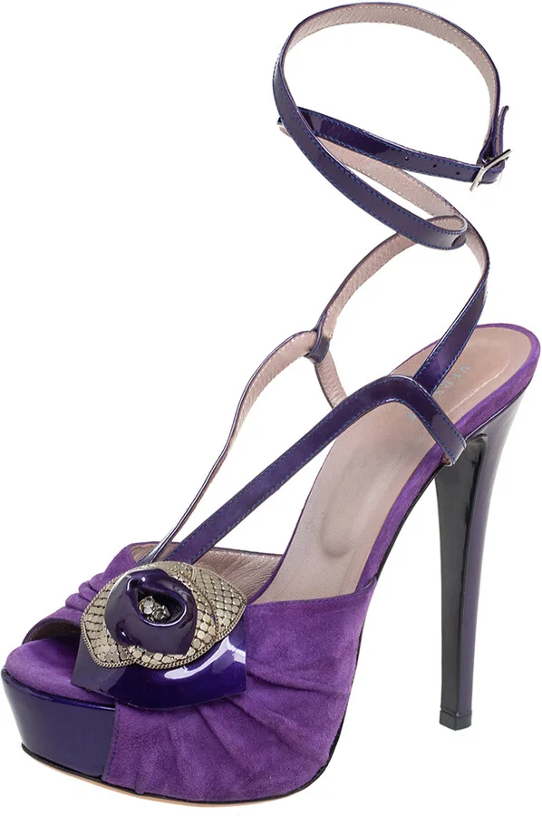 Versace Purple Suede And Patent Leather Platform Ankle Strap Sandals Size 36