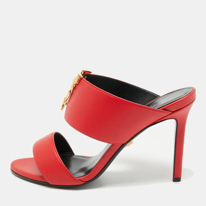 Versace Red Leather and Metal Medusa Slide Sandals Size 37