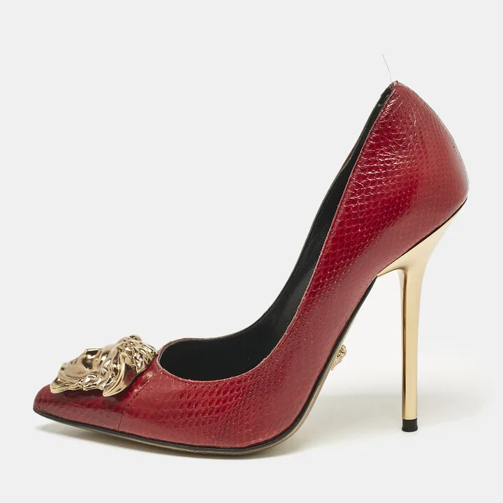 Versace Red Snakeskin Leather Medusa Pointed Toe Pumps Size 35.5