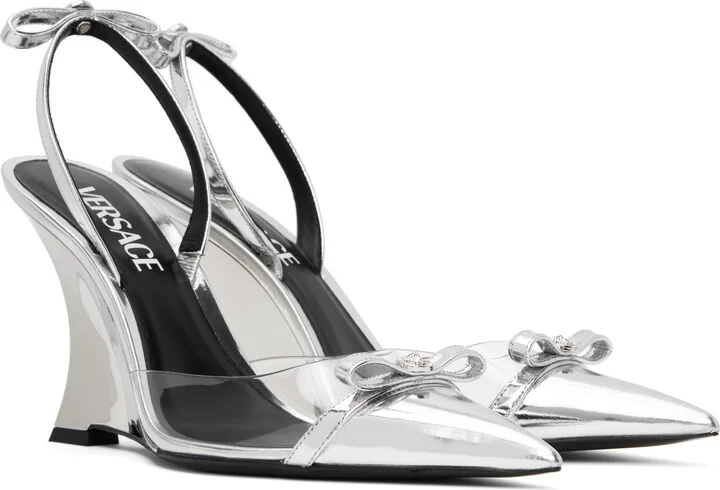 Versace Silver Gianni Ribbon Metallic Wedge 95mm Heels - Image 4