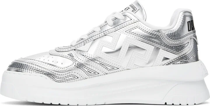 Versace Silver & White Metallic Greca Oddisea Sneakers - Image 3