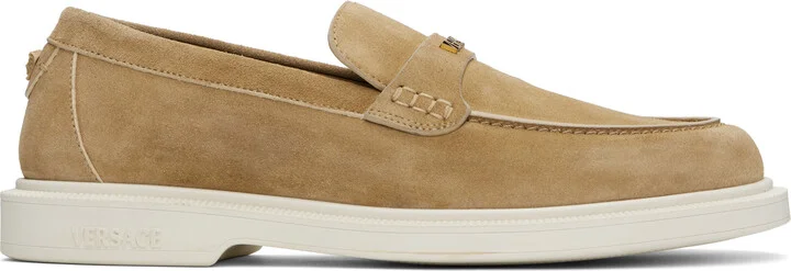 Versace Tan Suede 'Versace' Writing Injection Loafers