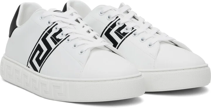 Versace White & Black Embroidered Greca Sneakers - Image 4