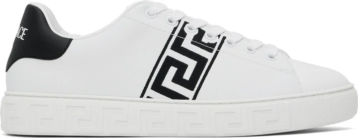Versace White & Black Embroidered Greca Sneakers