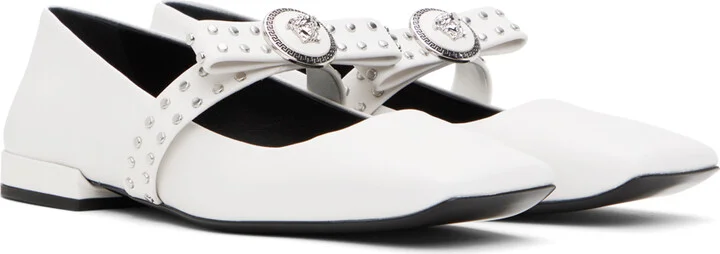 Versace White Gianni Ribbon Studded Ballerina Flats - Image 4