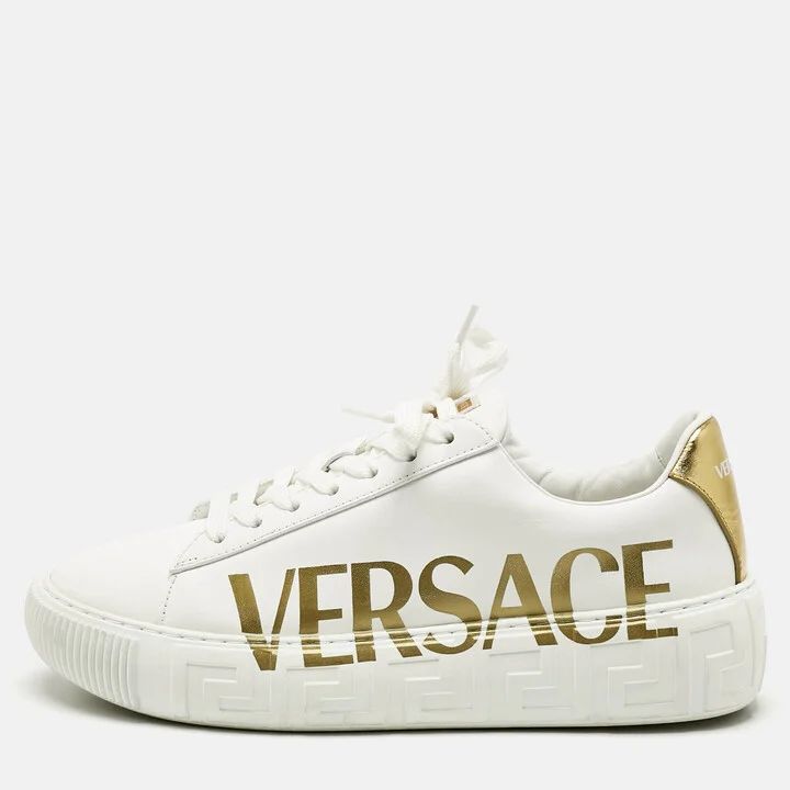 Versace White/Gold Leather La Greca Lace Up Sneakers Size 38