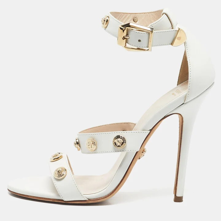 Versace White Leather Studded Medusa Ankle Strap Sandals Size 38