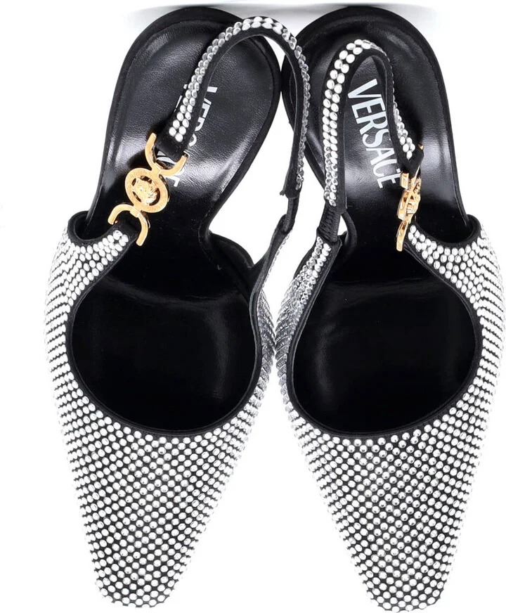 VERSACE Women's Safety Pin Slingback Pumps Crystal Embellished Satin - Image 2