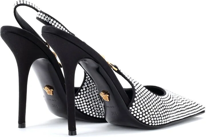 VERSACE Women's Safety Pin Slingback Pumps Crystal Embellished Satin - Image 3