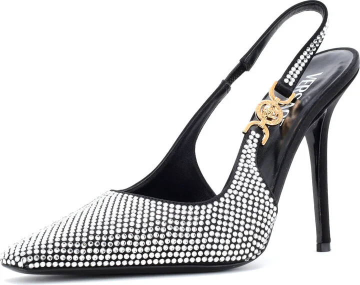 VERSACE Women's Safety Pin Slingback Pumps Crystal Embellished Satin