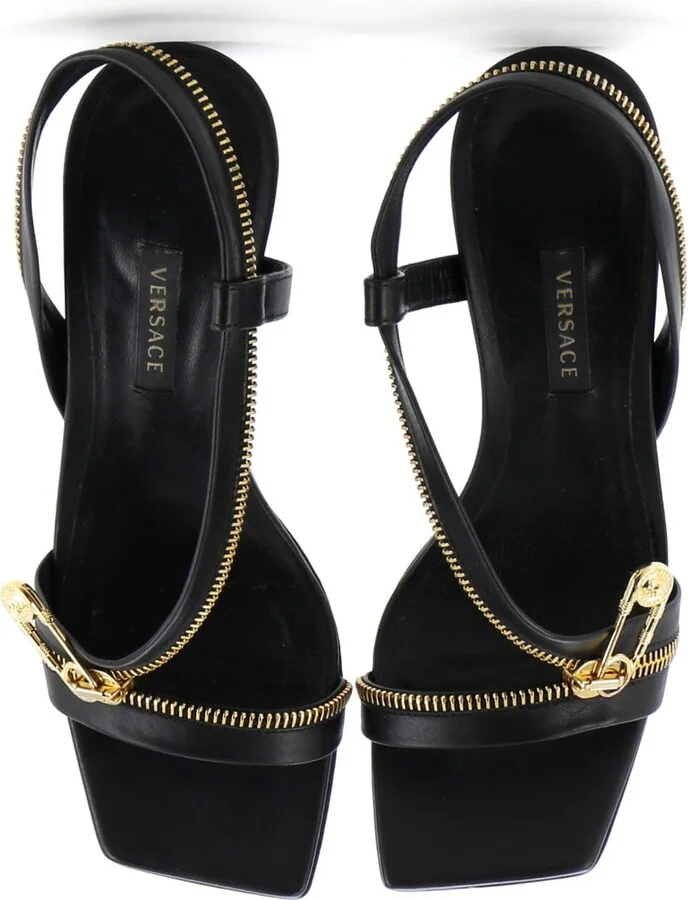 VERSACE Women's Safety Pin Zipper Slingback Sandals Leather - Image 2