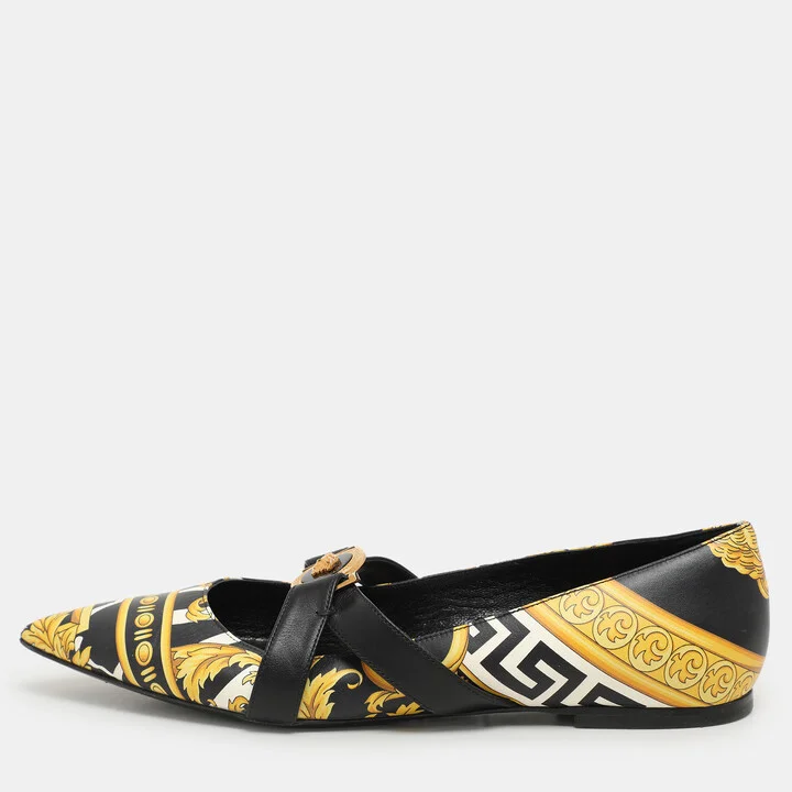 Versace Yellow/Black Leather Savage Wild Barocco Ballet Flats Size 38