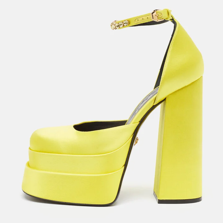 Versace Yellow Satin Medusa Ankle Strap Pumps Size 40