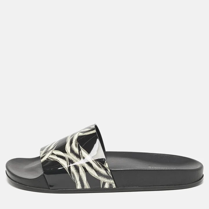 Vetements Black/Silver Chain Print Patent Leather Pool Slides Size 45
