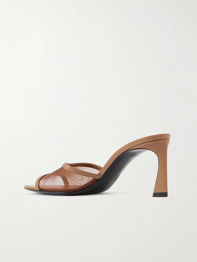 Victoria Beckham - Embellished Leather-trimmed Mesh Mules - Brown - Image 3