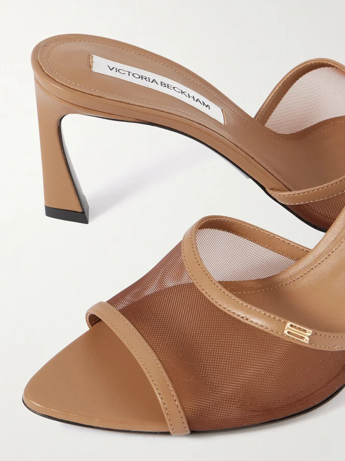 Victoria Beckham - Embellished Leather-trimmed Mesh Mules - Brown - Image 4